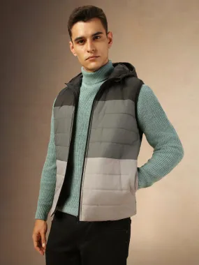 Men's Black & Grey Colorblock Hooded Gilet Jacket