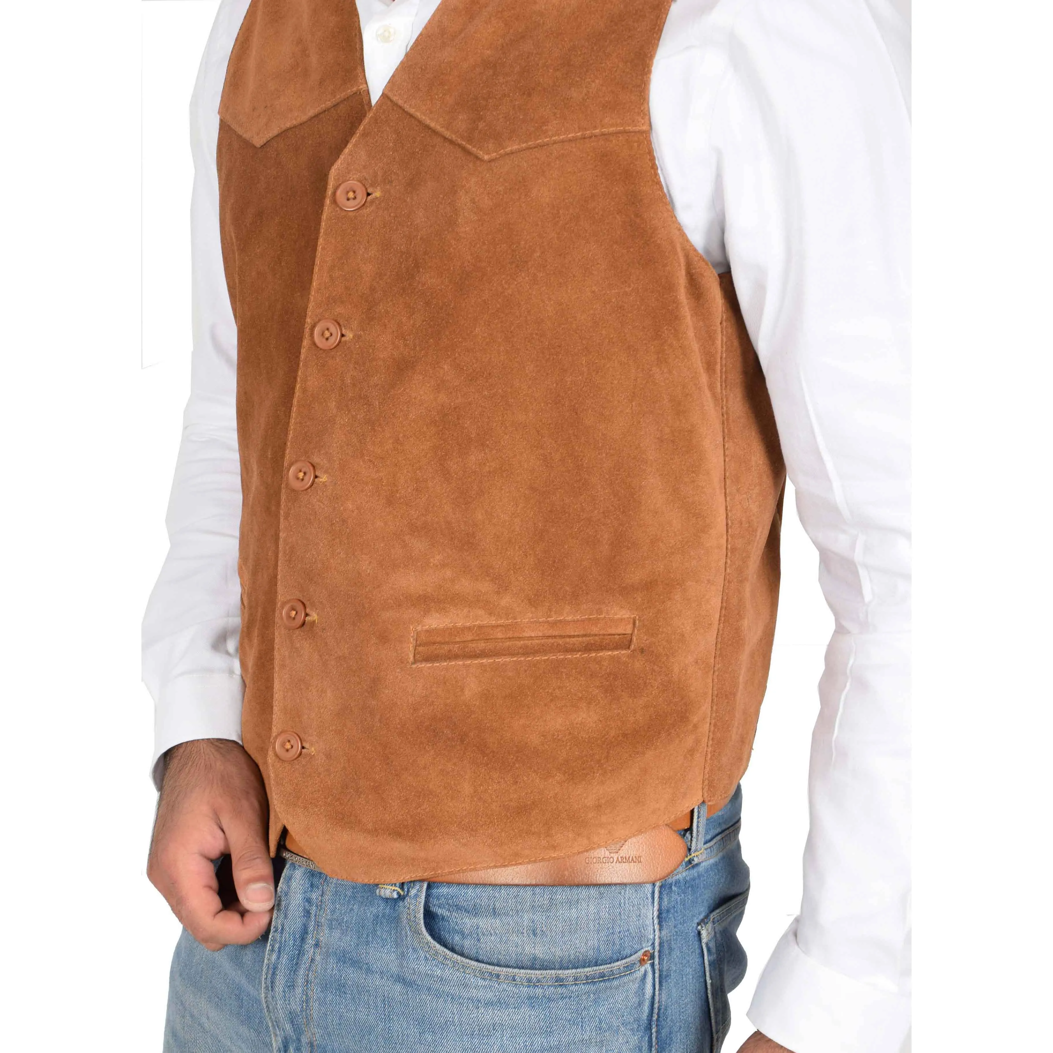 Mens Real Suede Leather Waistcoat Classic Vest Gilet Cole Tan