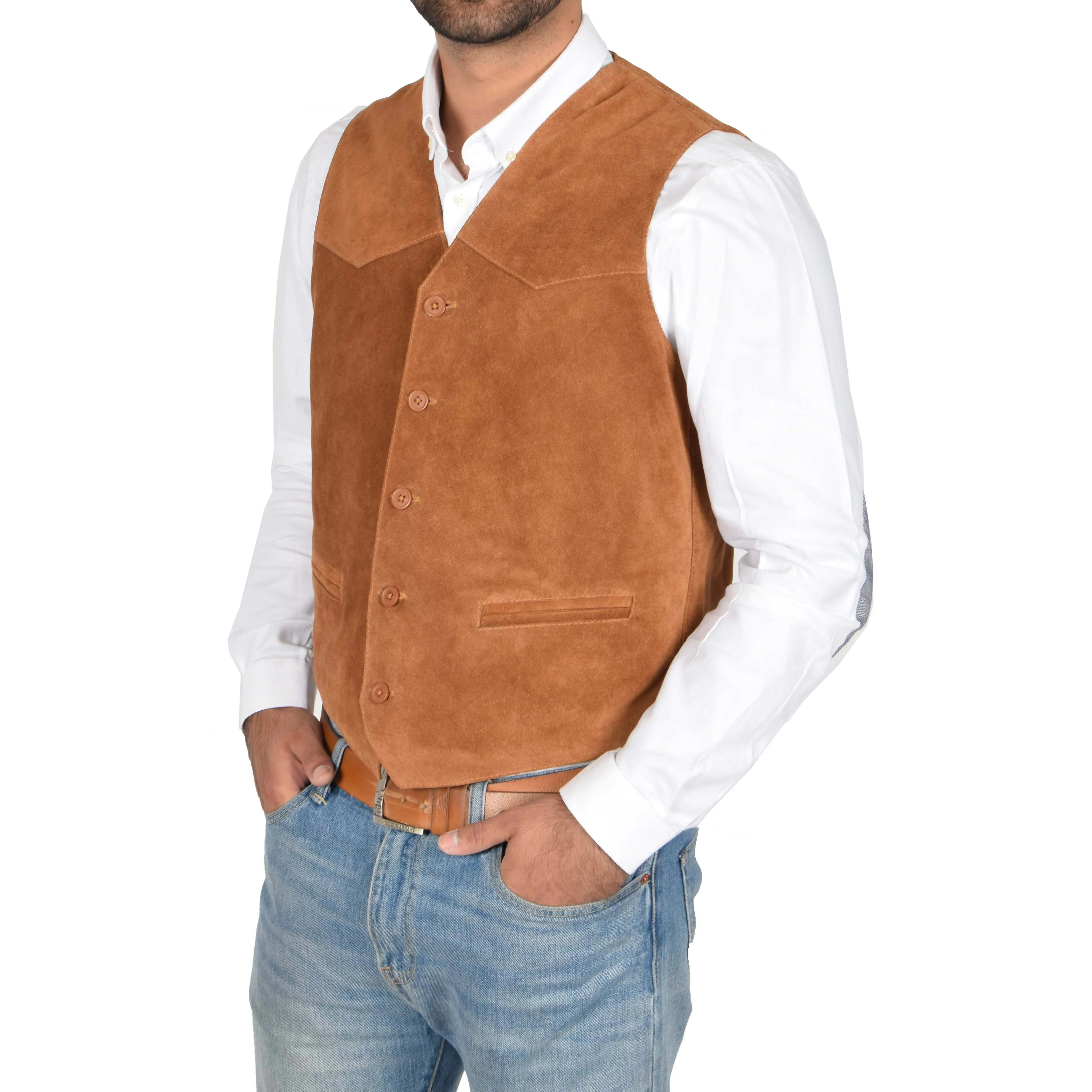 Mens Real Suede Leather Waistcoat Classic Vest Gilet Cole Tan