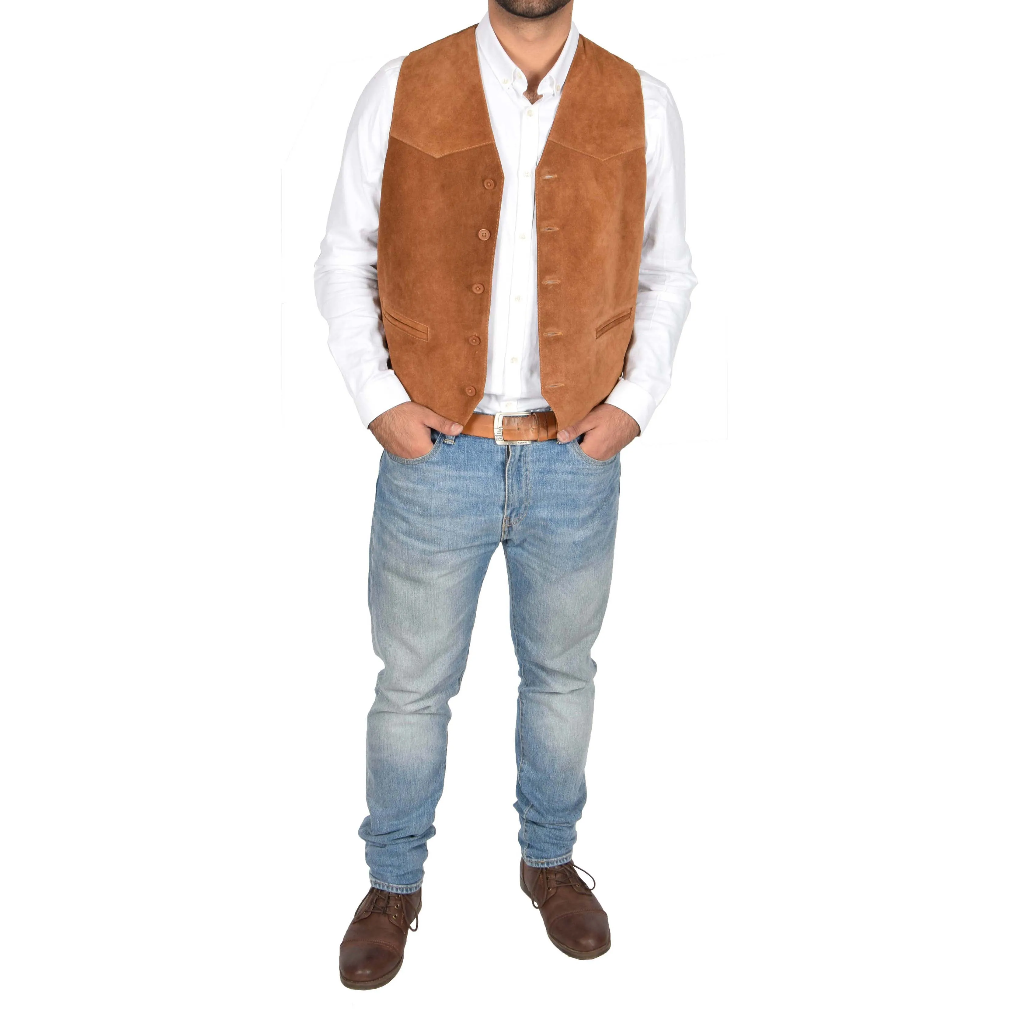 Mens Real Suede Leather Waistcoat Classic Vest Gilet Cole Tan