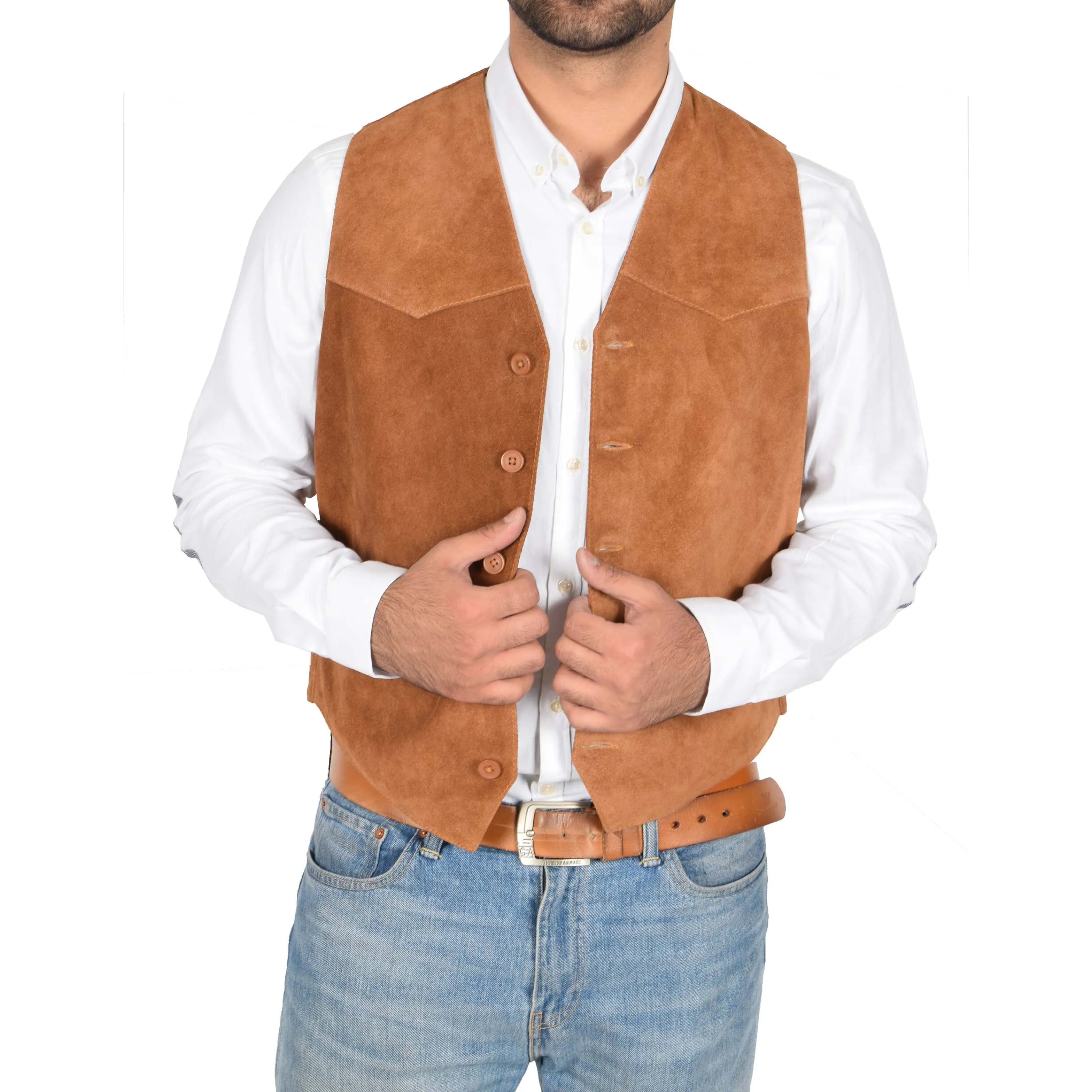 Mens Real Suede Leather Waistcoat Classic Vest Gilet Cole Tan