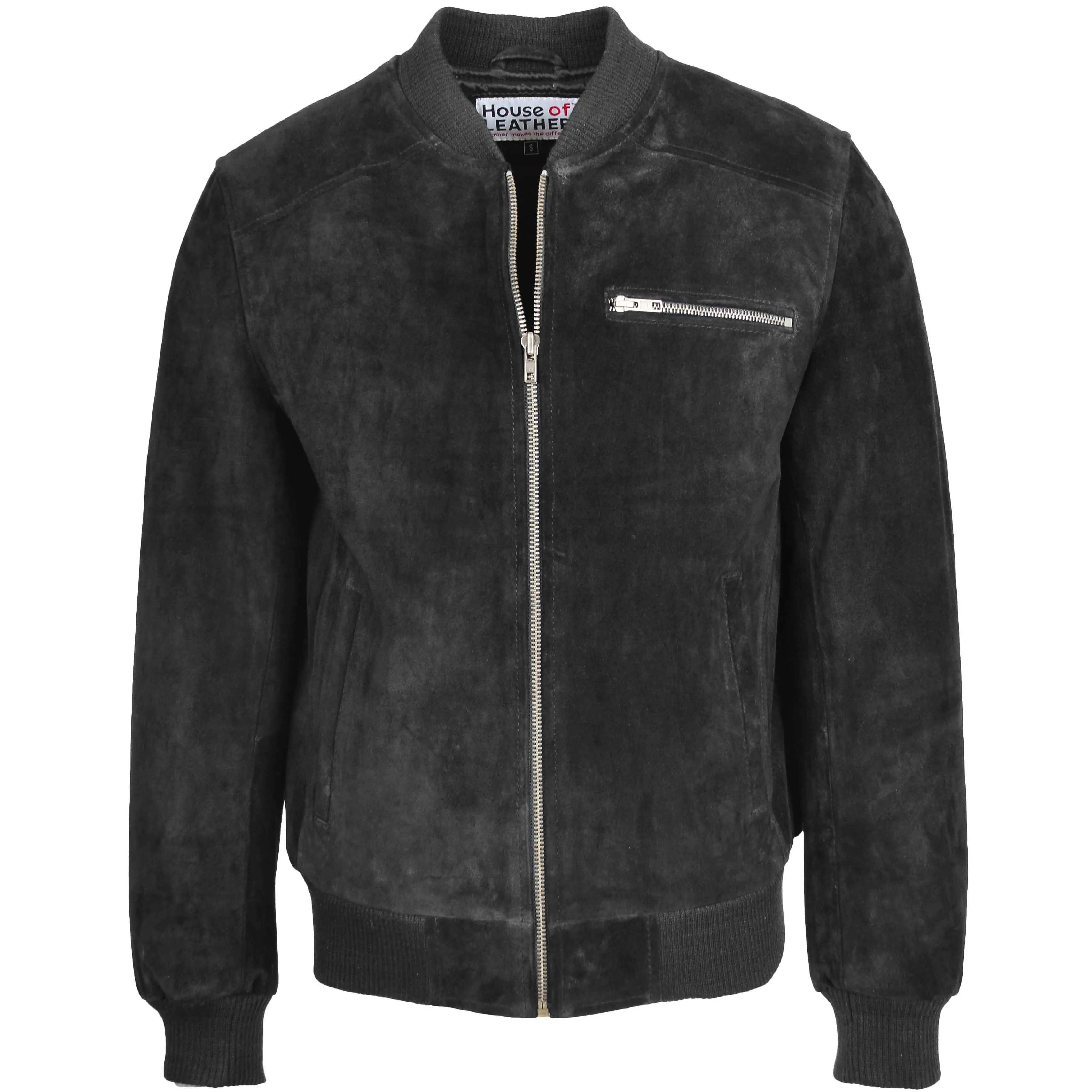 Mens Suede Bomber Varsity Jacket Reg Black