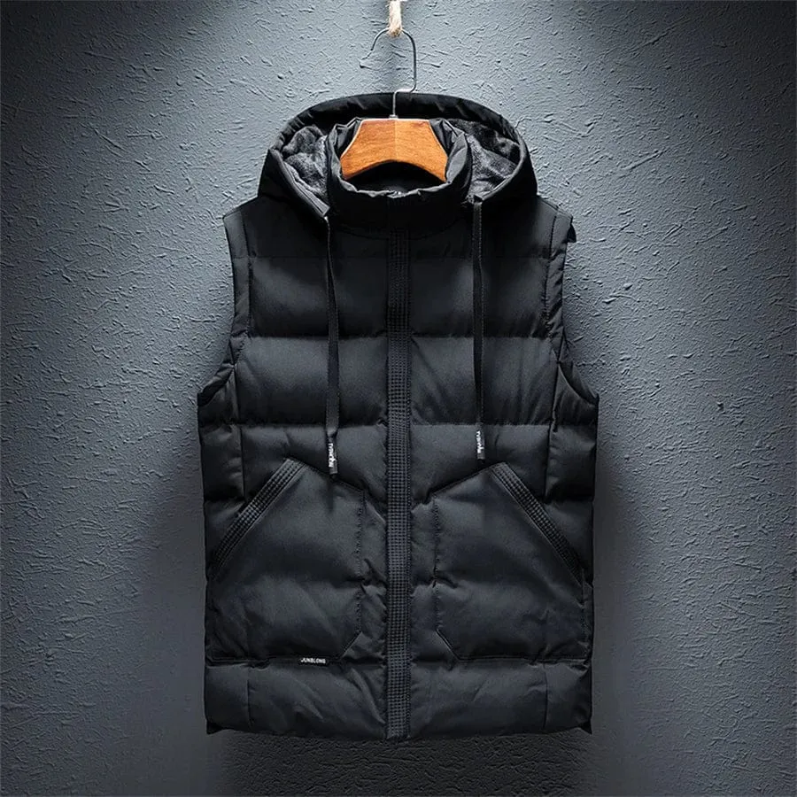 Men's Warm Sleeveless Vest Gilet Casual Cotton Jacket Double Large Pocket Hooded Waistcoat