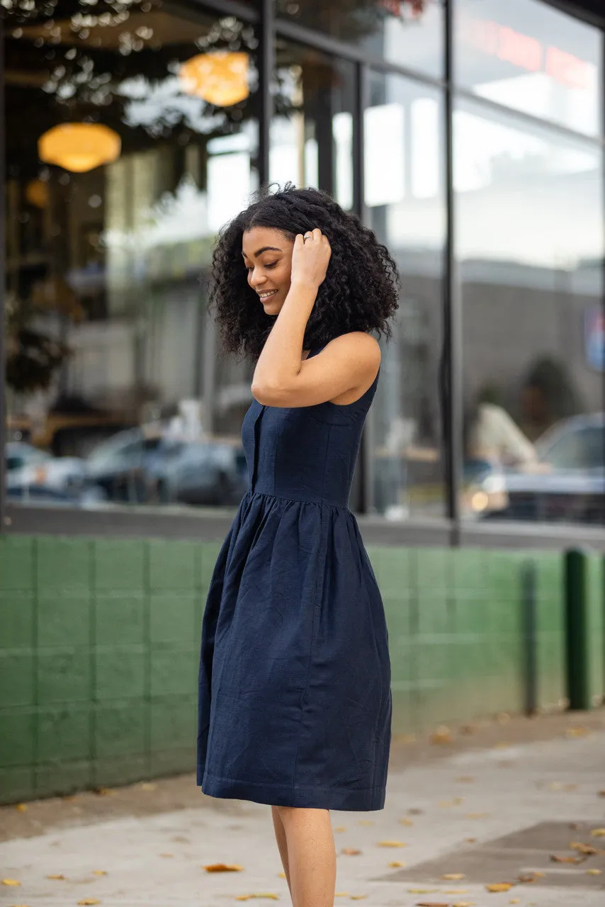 Mia Linen Dress in Navy - L and XL