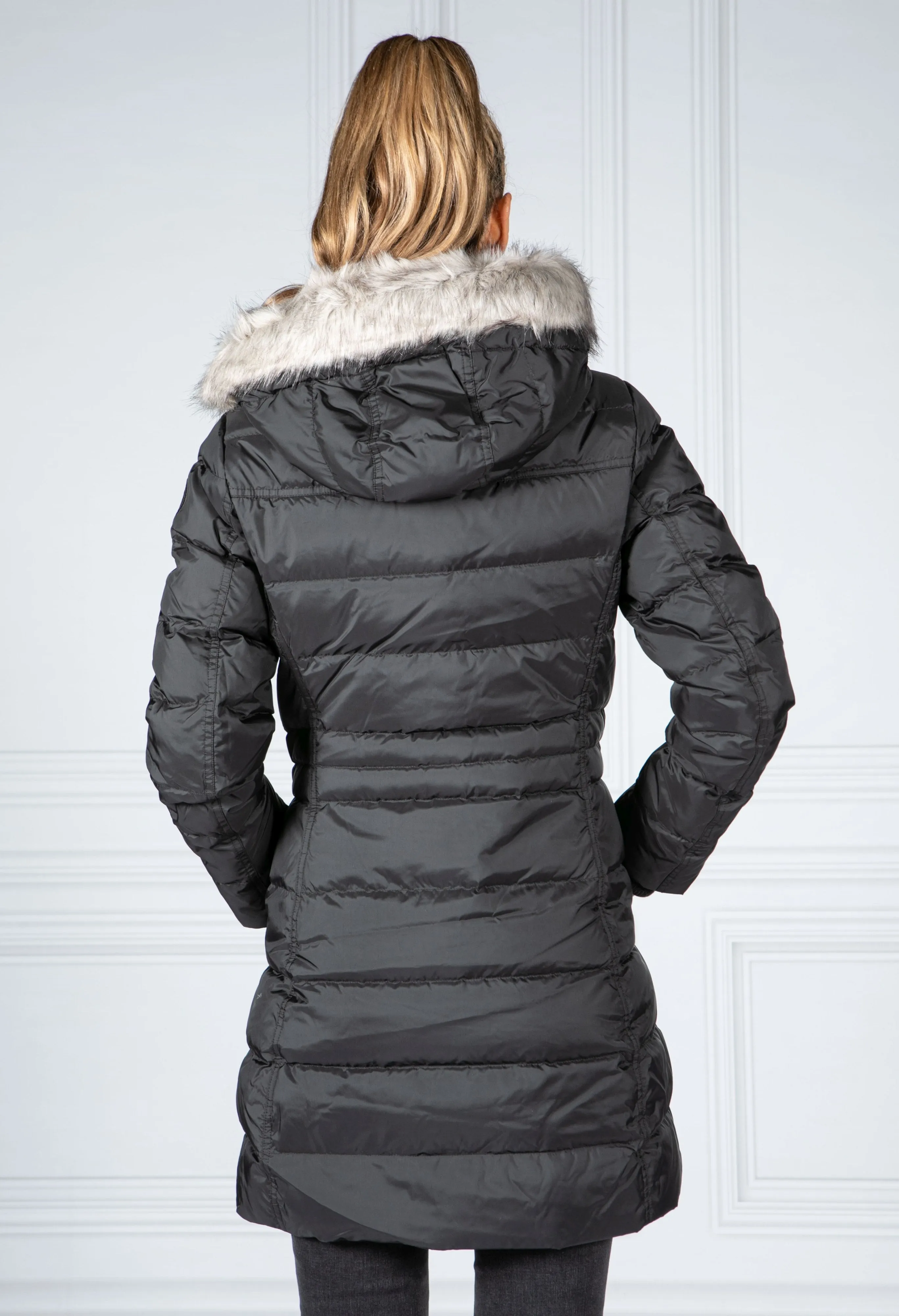 Midi Quilted Down Feather Coat with Faux Fur Hood in Black