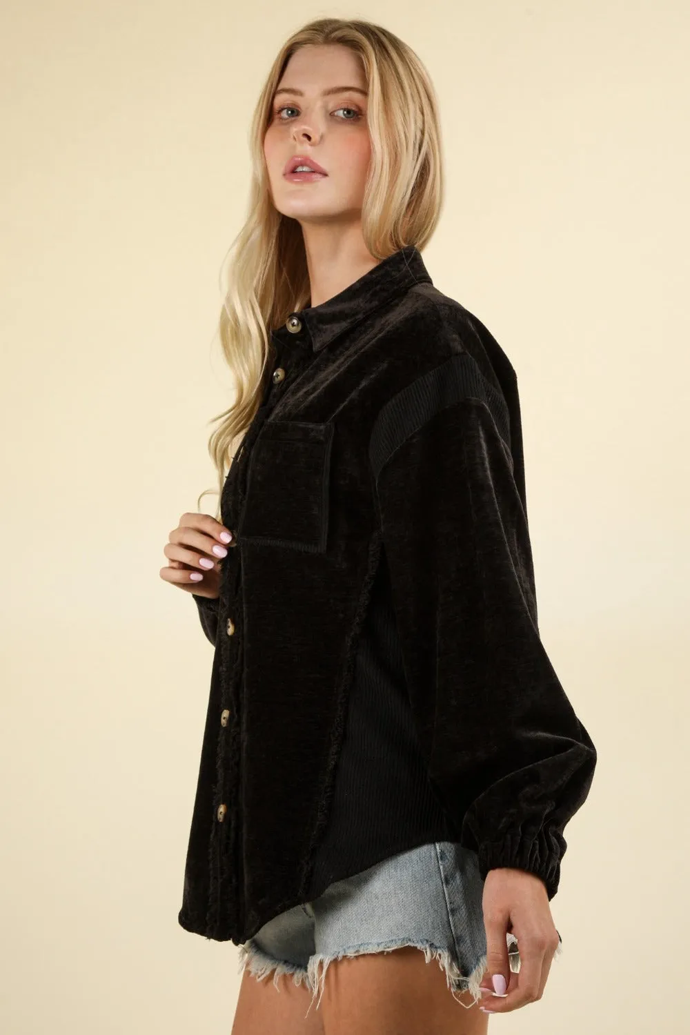 Mixed Media Button Down Shacket - Trendy Winter Layering | Fashion M&J