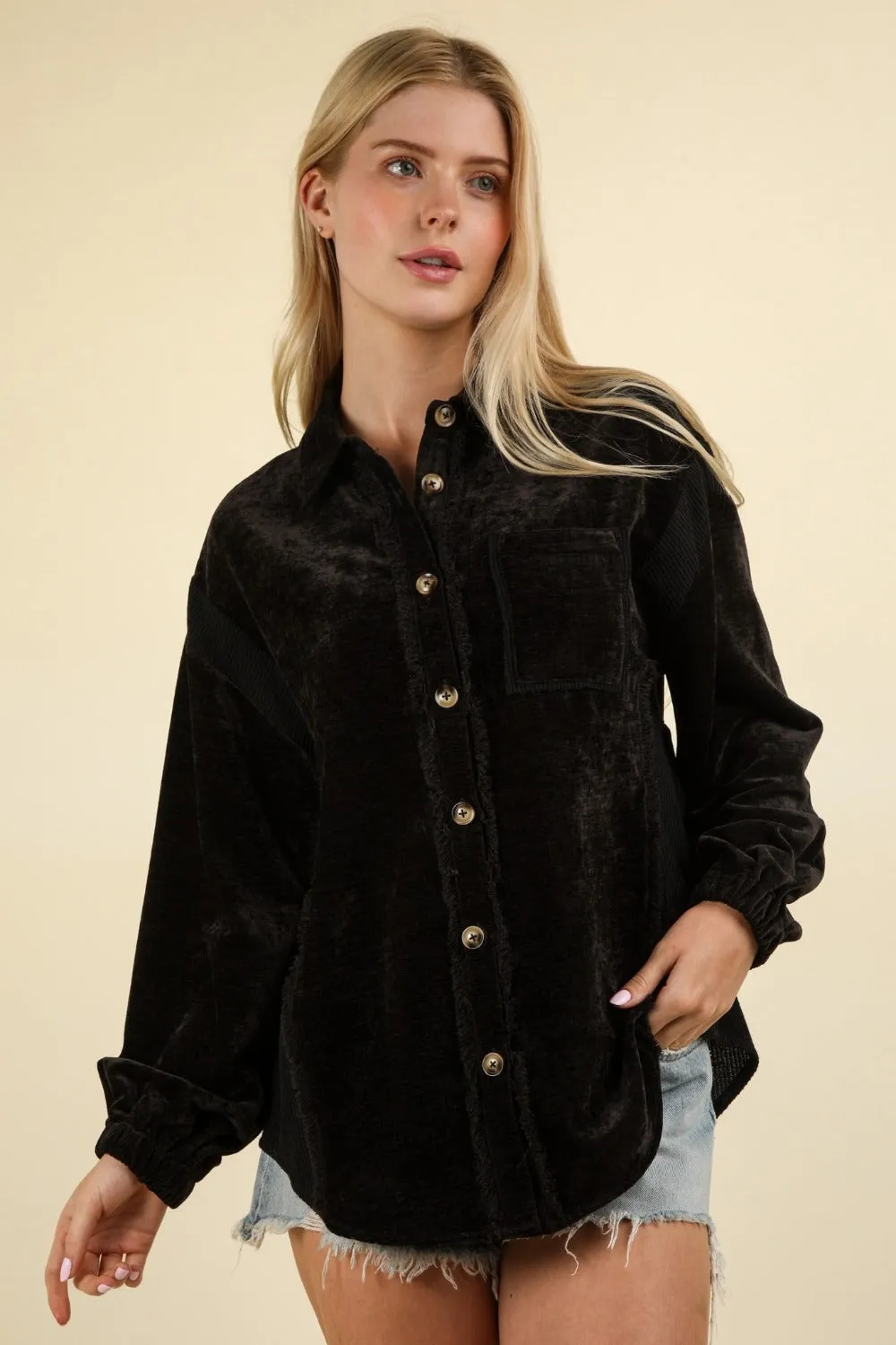 Mixed Media Button Down Shacket - Trendy Winter Layering | Fashion M&J