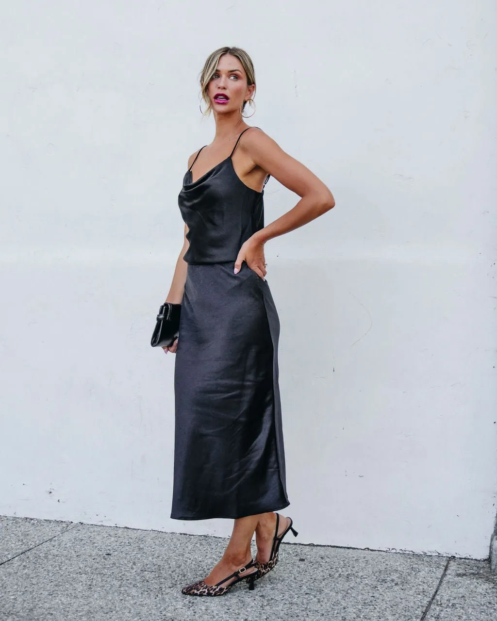 Muse By Magnolia Black Satin Midi Skirt - FINAL SALE