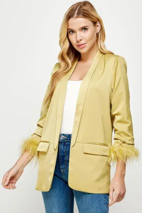 Muted Lime Feather Trim Boyfriend Satin Blazer