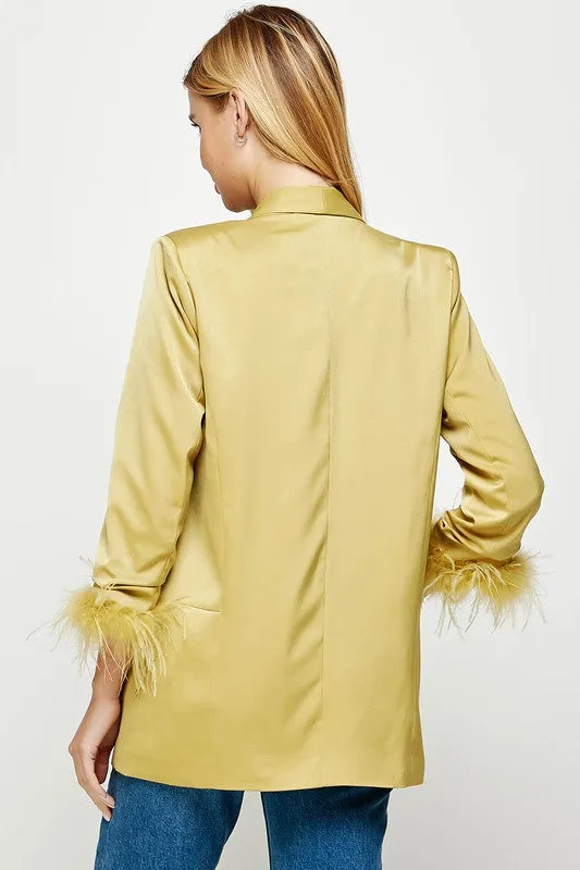 Muted Lime Feather Trim Boyfriend Satin Blazer