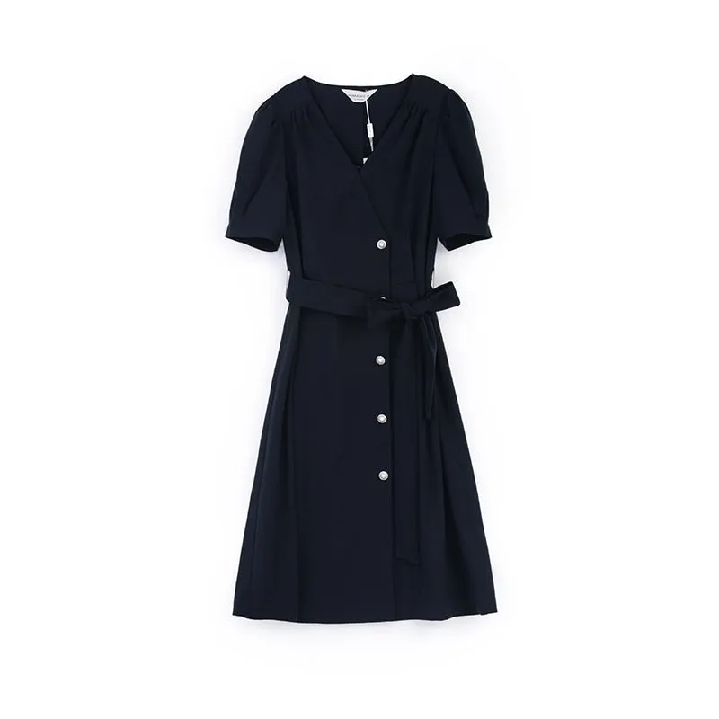 Navy Blue Puff Sleeve V Neck Dress