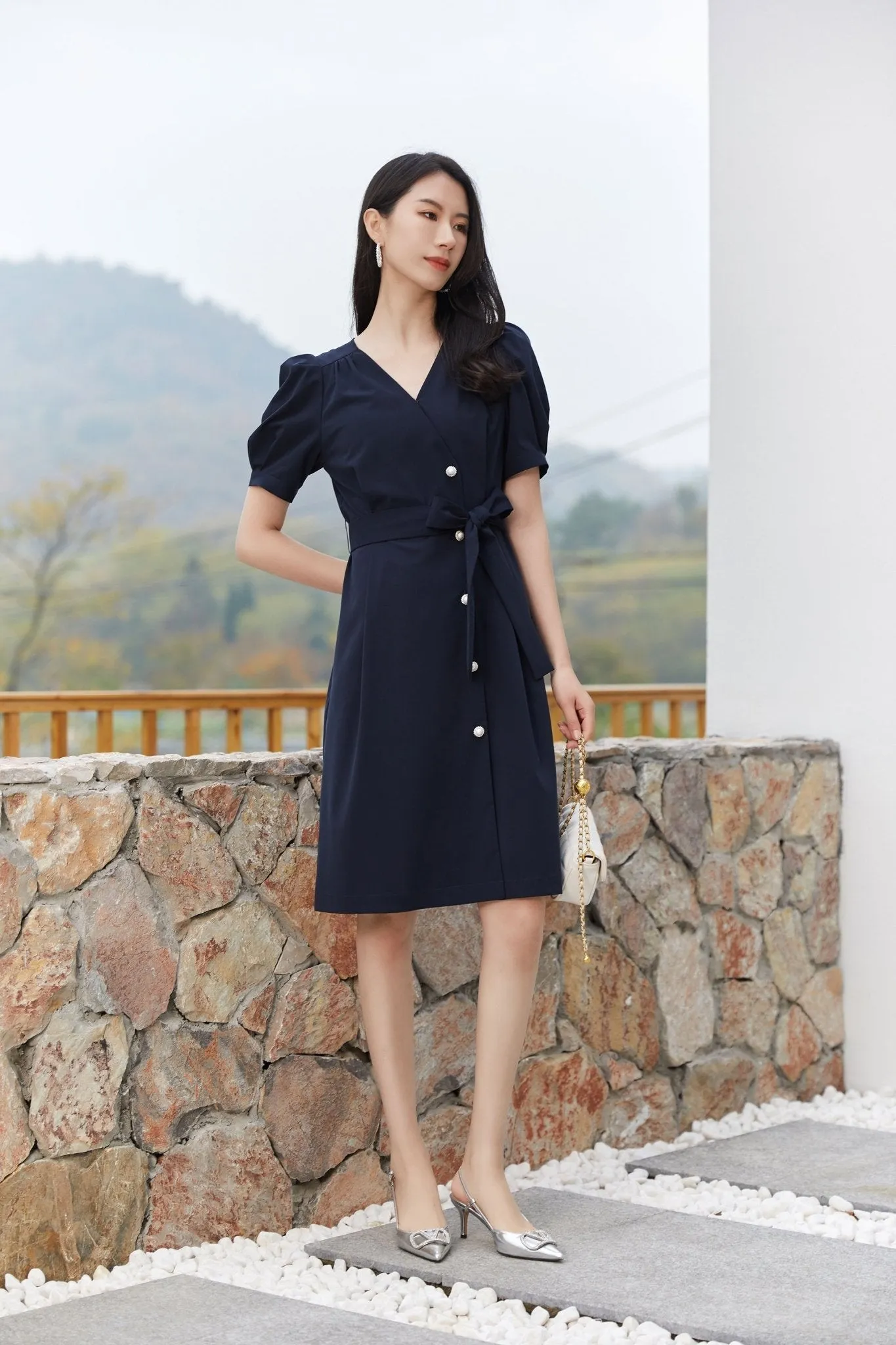 Navy Blue Puff Sleeve V Neck Dress