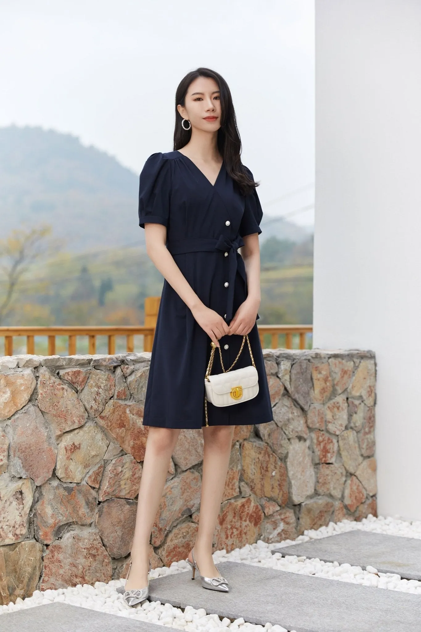 Navy Blue Puff Sleeve V Neck Dress