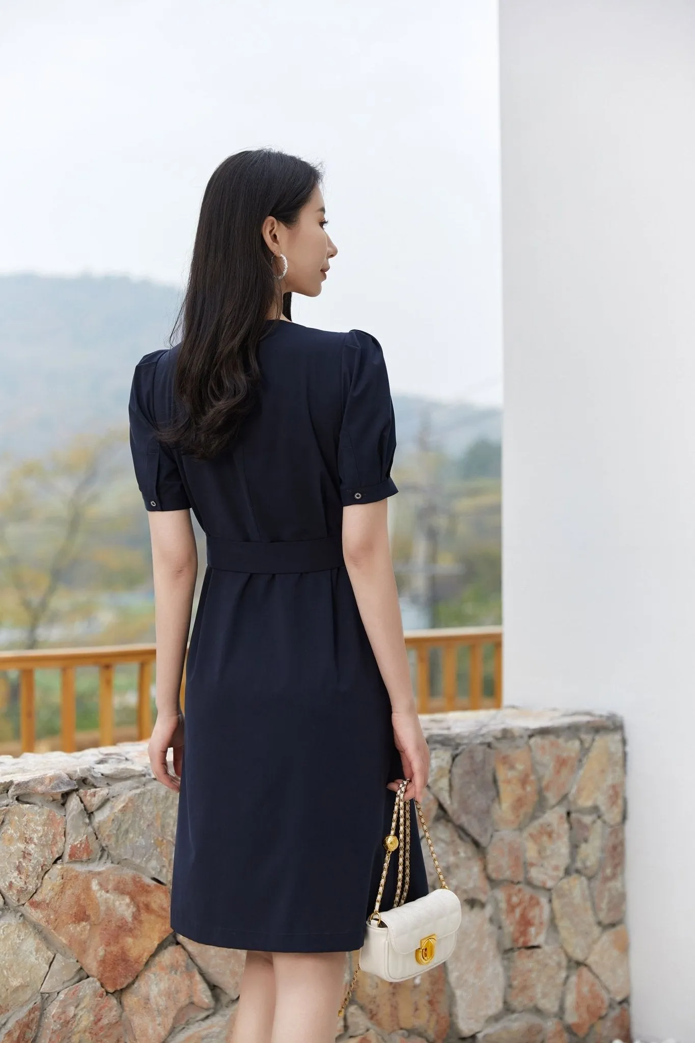 Navy Blue Puff Sleeve V Neck Dress