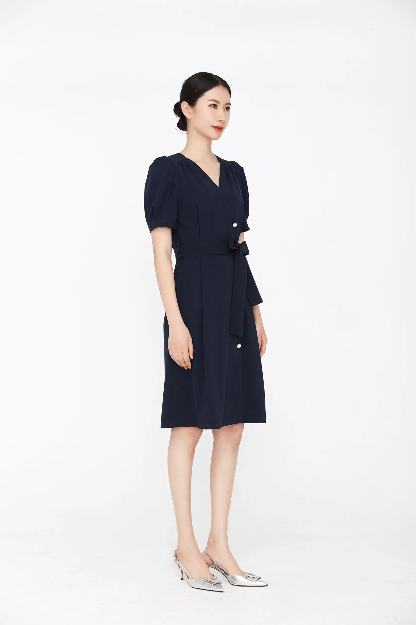 Navy Blue Puff Sleeve V Neck Dress