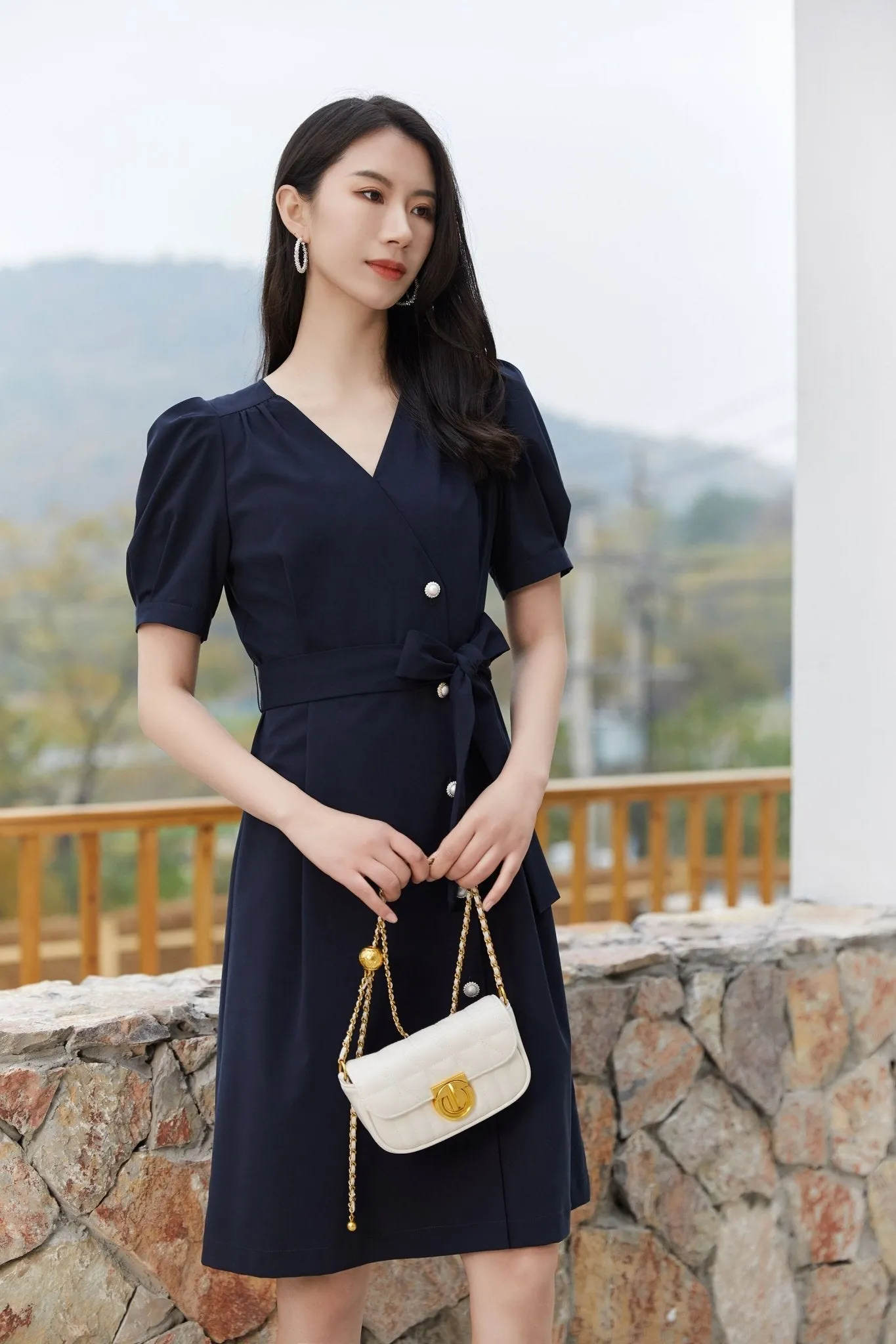 Navy Blue Puff Sleeve V Neck Dress