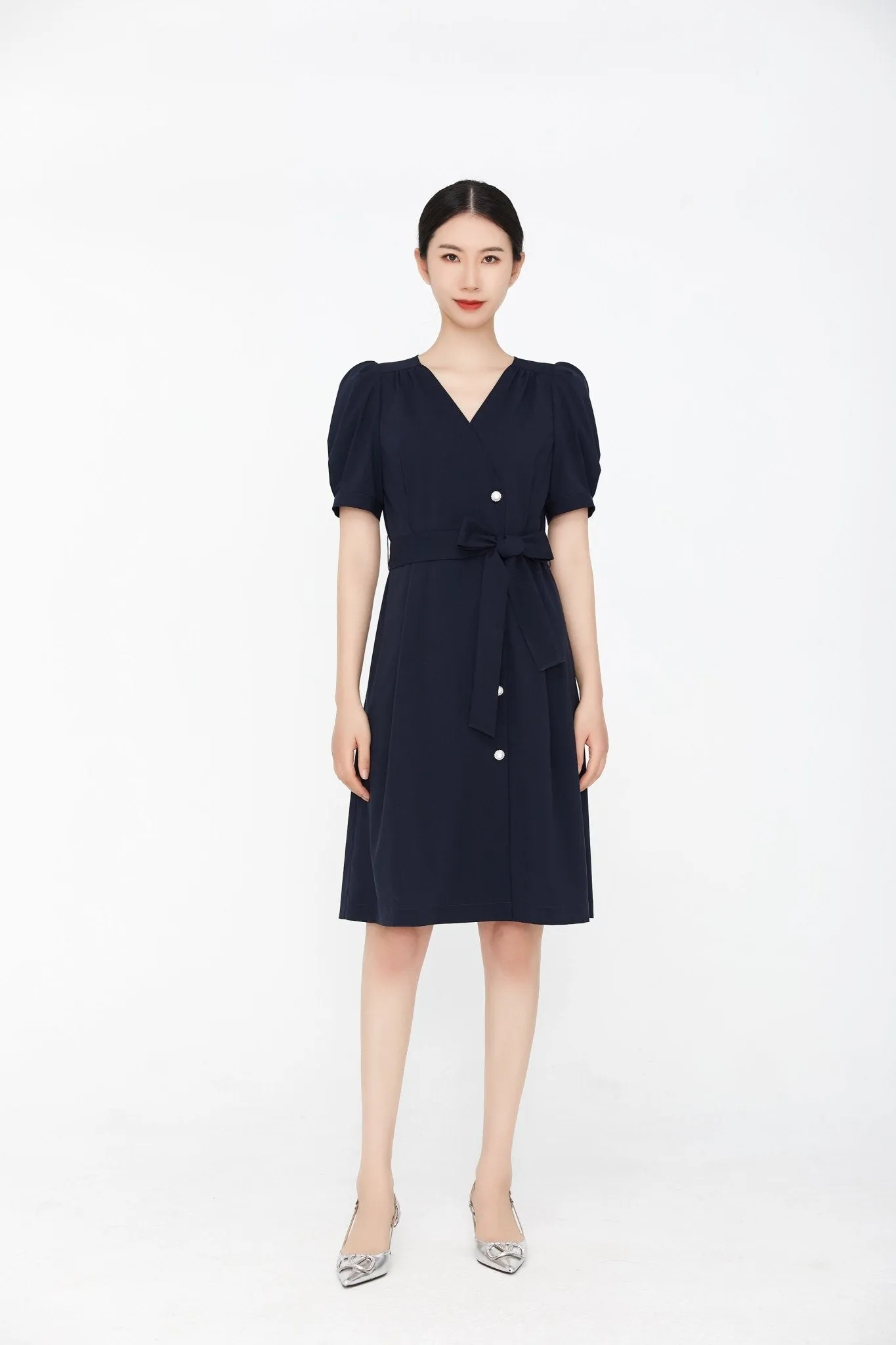 Navy Blue Puff Sleeve V Neck Dress