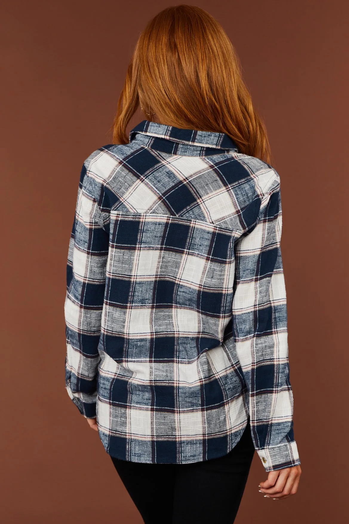 Navy Plaid Cotton Lightweight Shirt Jacket