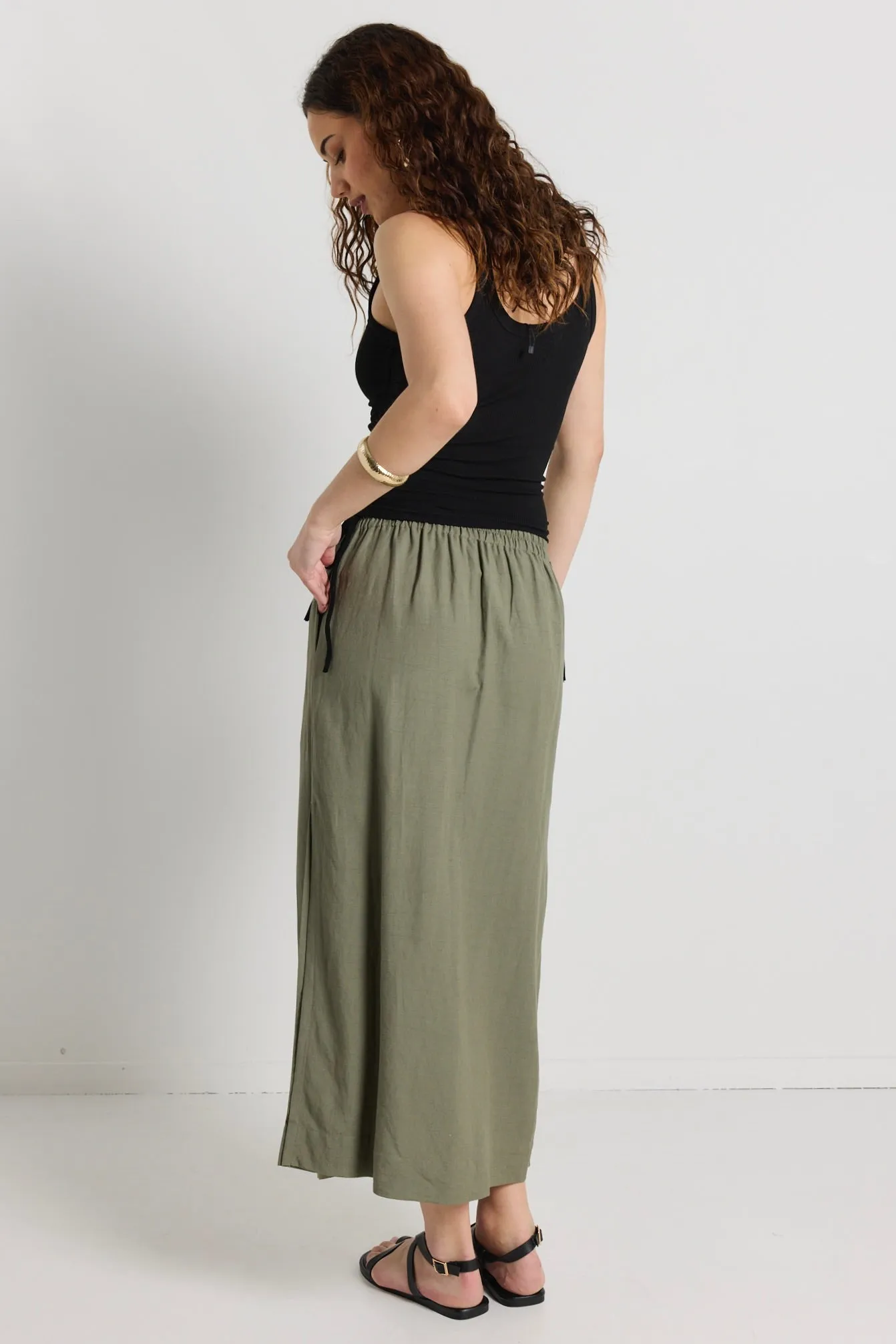 Notion Khaki Linen Blend Side Split Midi Skirt