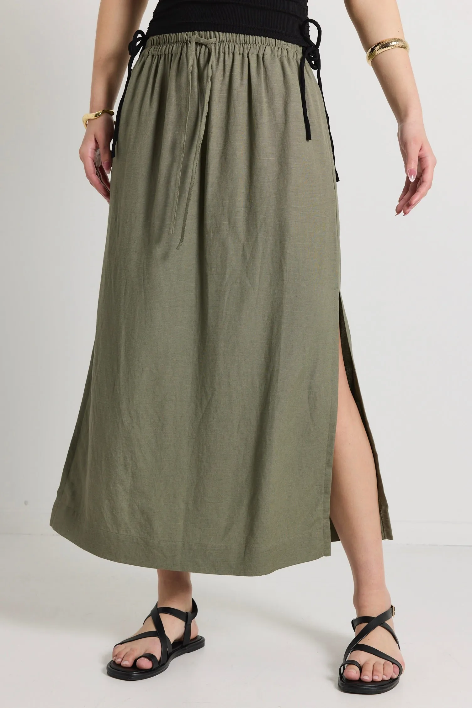 Notion Khaki Linen Blend Side Split Midi Skirt