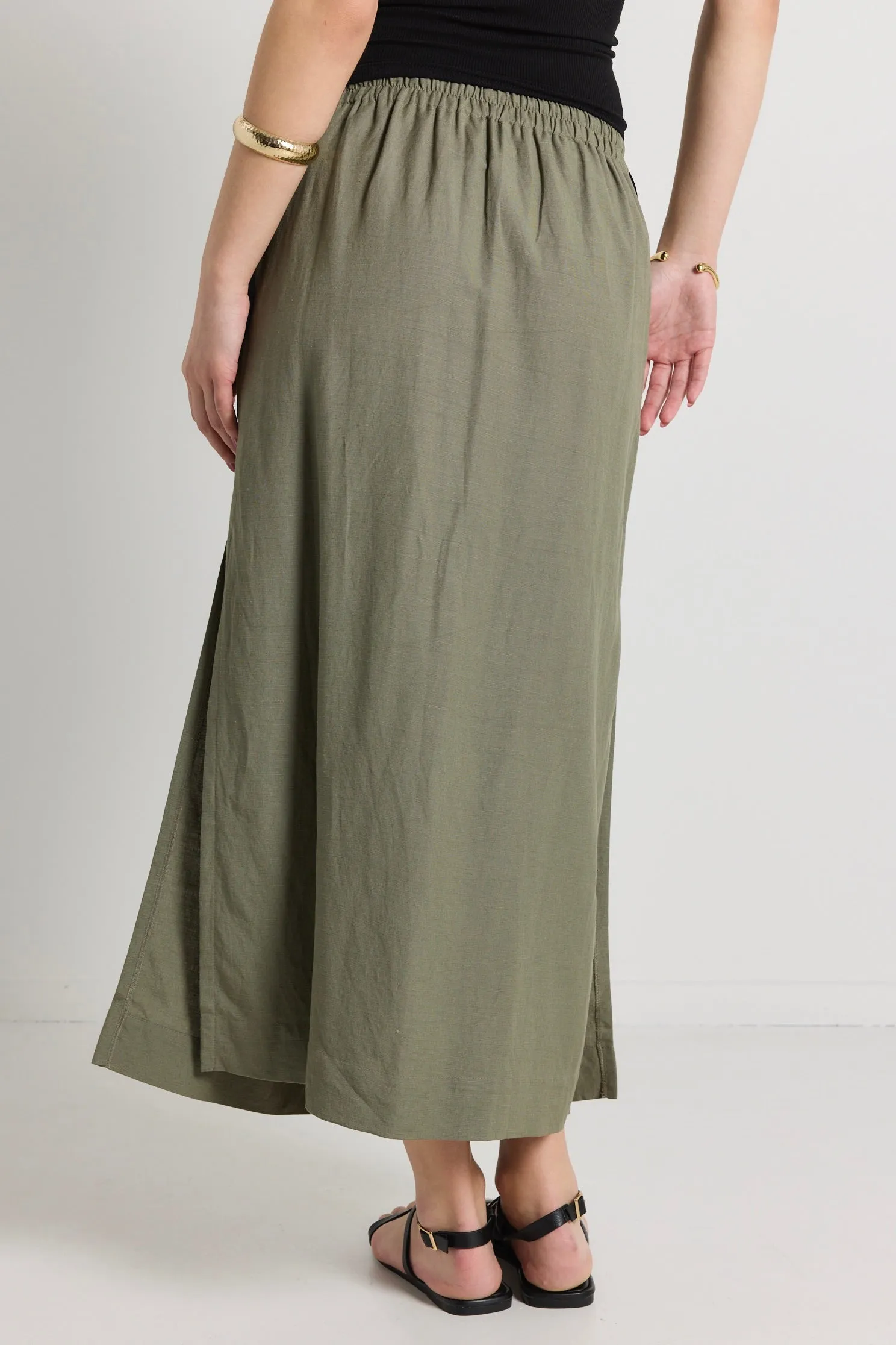 Notion Khaki Linen Blend Side Split Midi Skirt