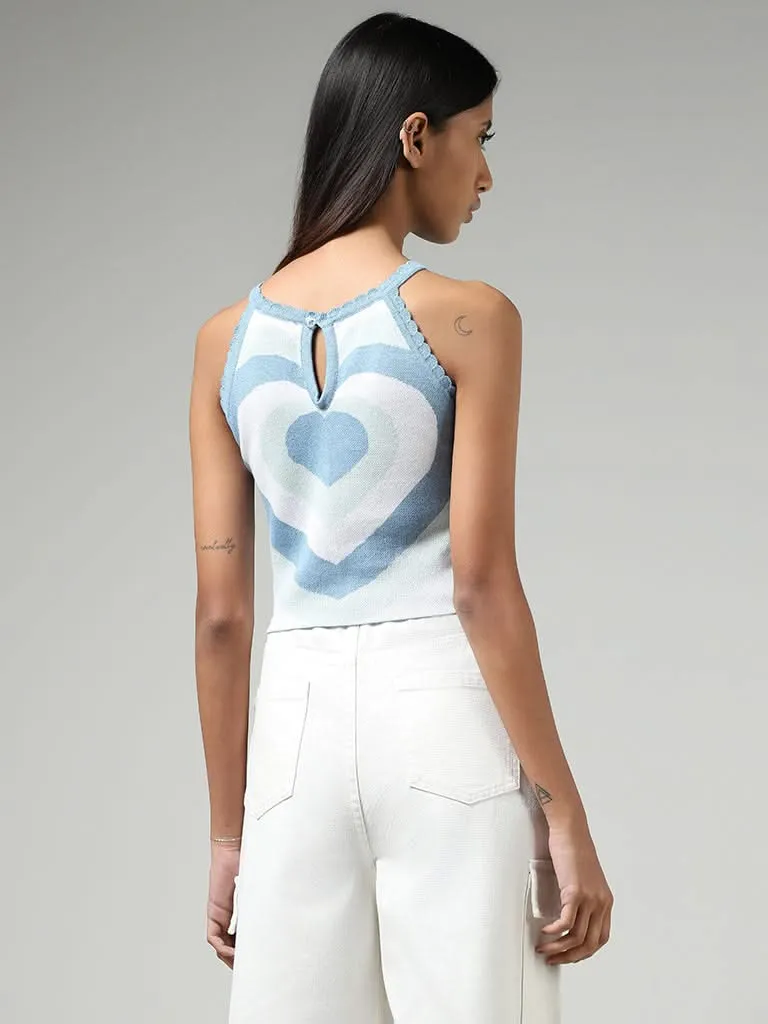 Nuon Light Blue Heart Printed Cotton Crop Top