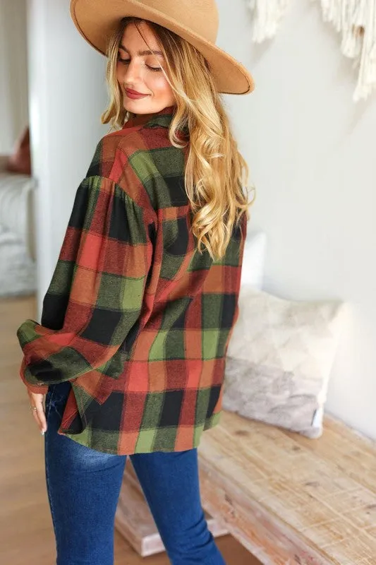 Olive & Rust Plaid Button Down Oversized Shacket