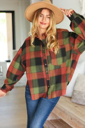 Olive & Rust Plaid Button Down Oversized Shacket