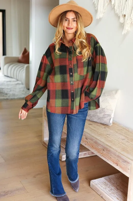 Olive & Rust Plaid Button Down Oversized Shacket