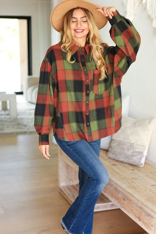 Olive & Rust Plaid Button Down Oversized Shacket