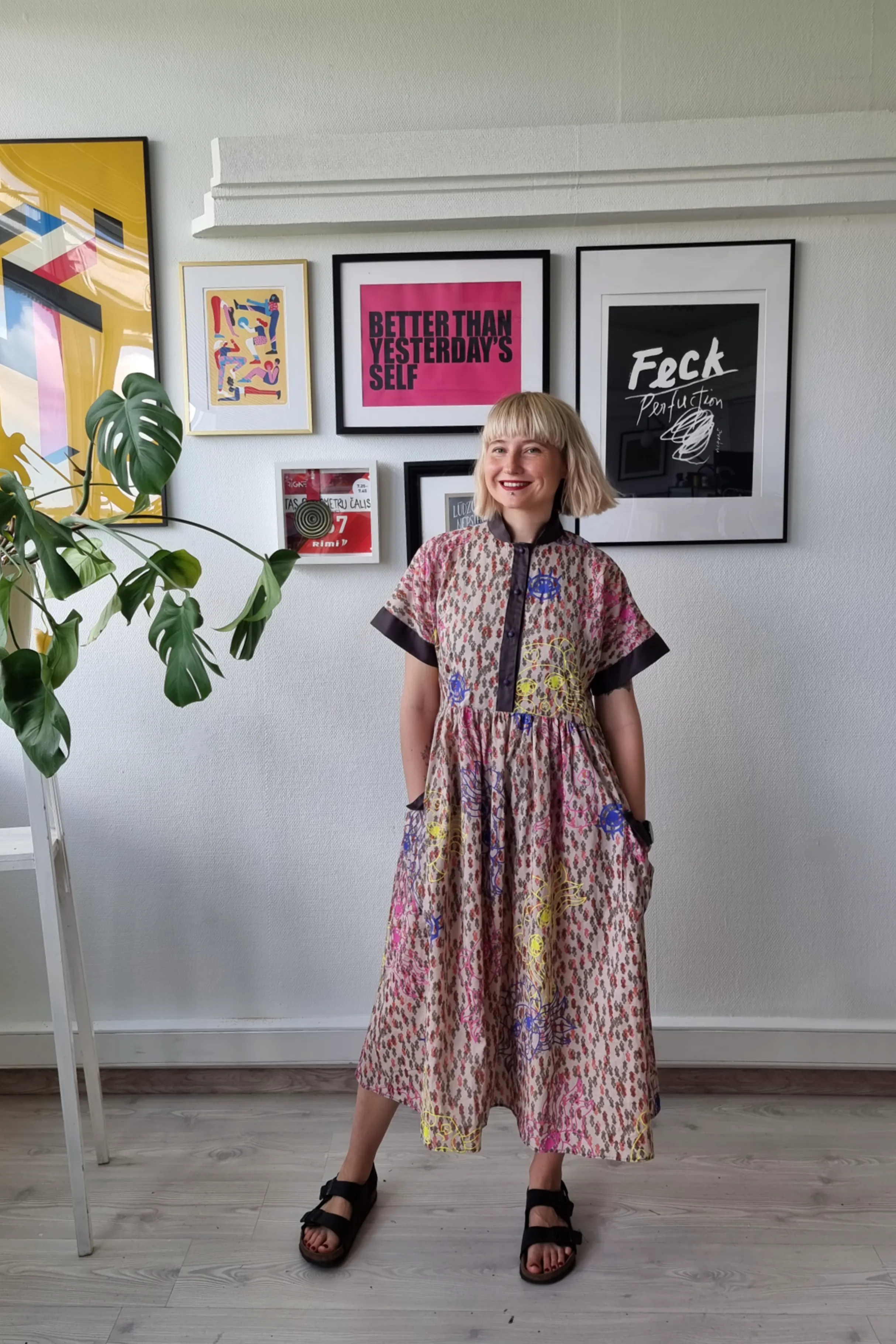 One of a Kind Light Cream/Brown Fun and Cool Short Sleeved Shirt Dress with Wide Skirt Part in Handprinted Patterned Fabric and many Pockets