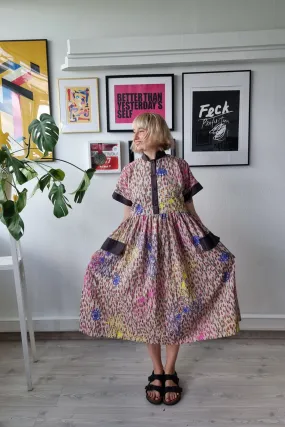 One of a Kind Light Cream/Brown Fun and Cool Short Sleeved Shirt Dress with Wide Skirt Part in Handprinted Patterned Fabric and many Pockets