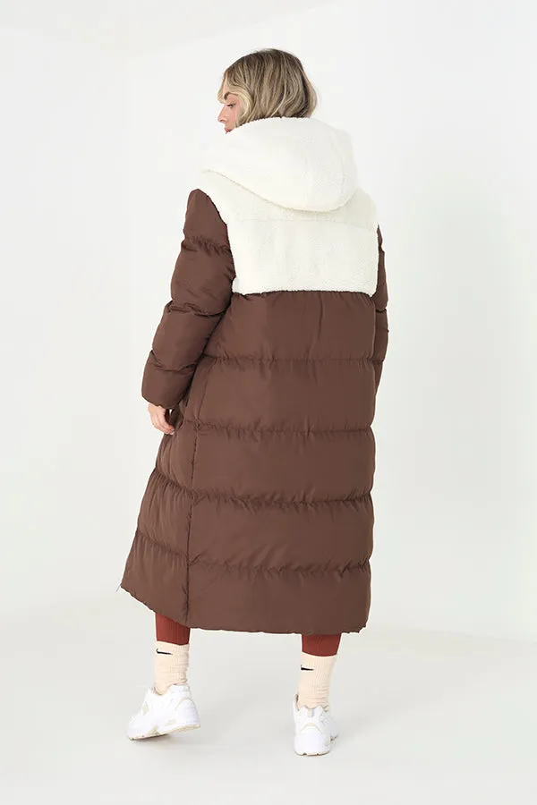 PADDED MAXI COAT WITH BORG PANEL AND HOOD