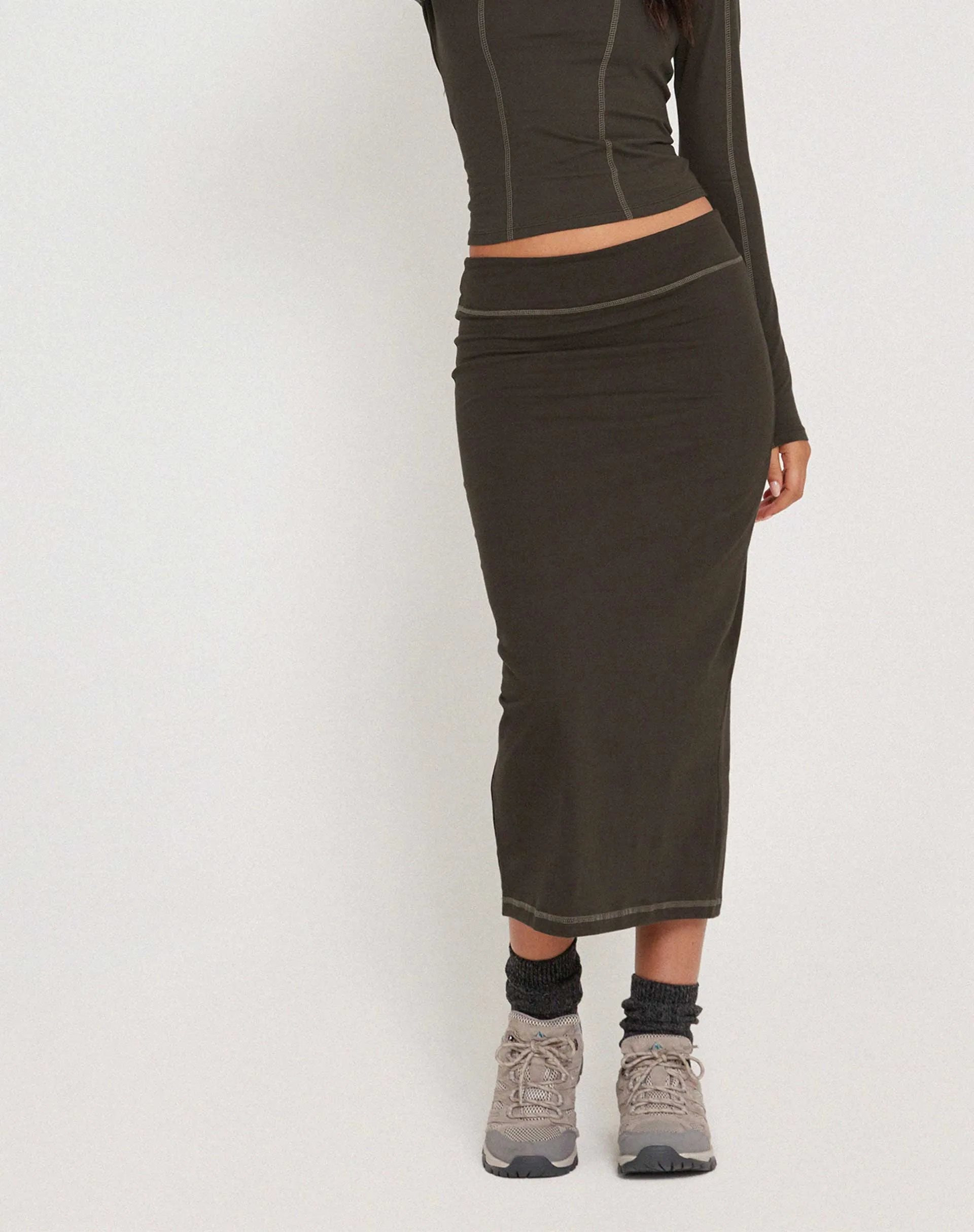 Peka Midi Skirt in Gunmetal with Grey Top Stitch