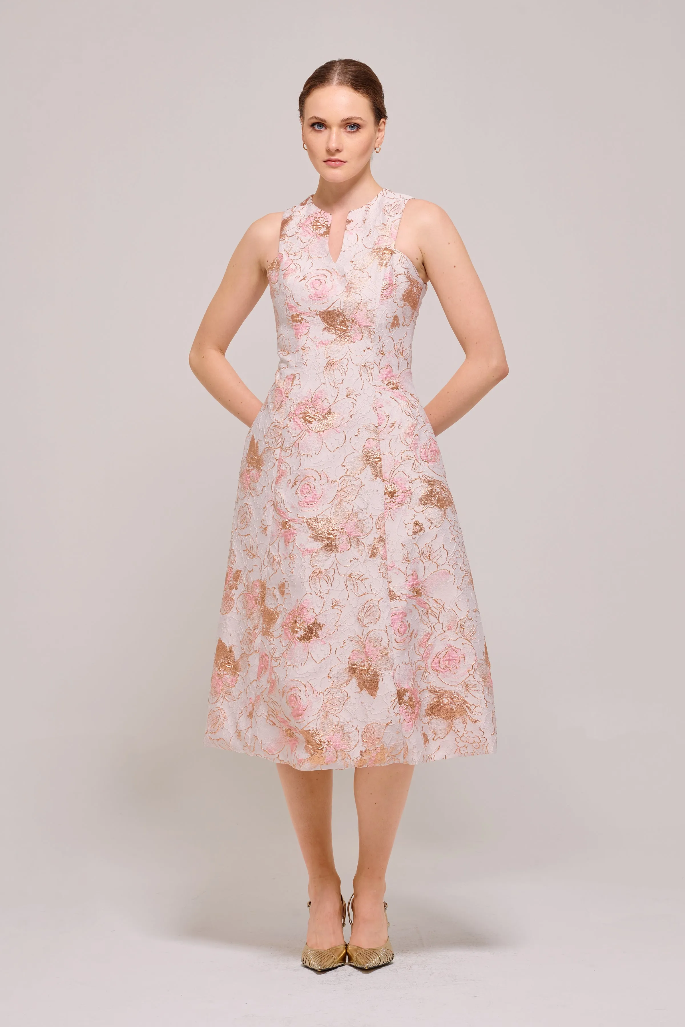 Pink Floral Jacquard Sleeveless Midi Dress