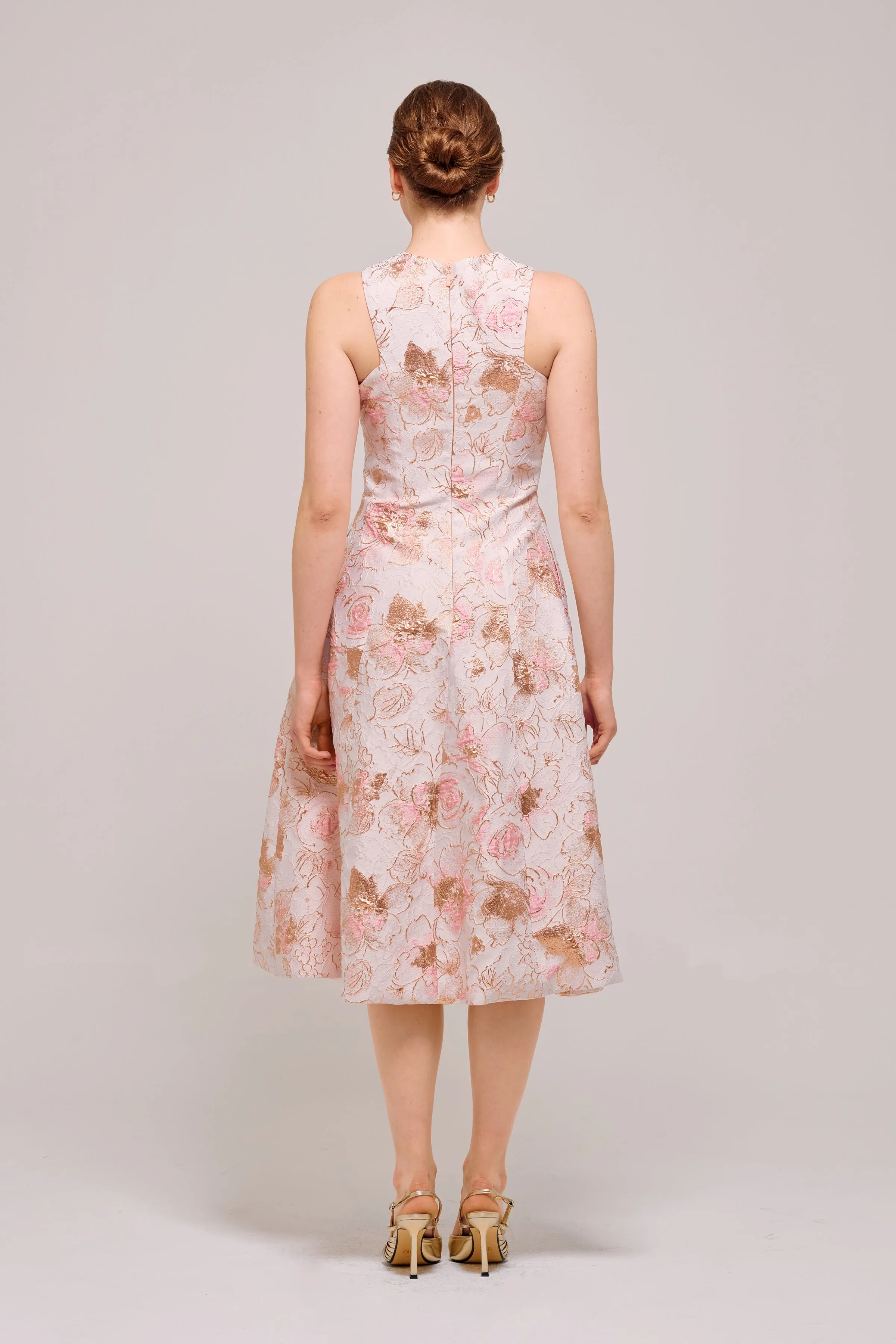 Pink Floral Jacquard Sleeveless Midi Dress