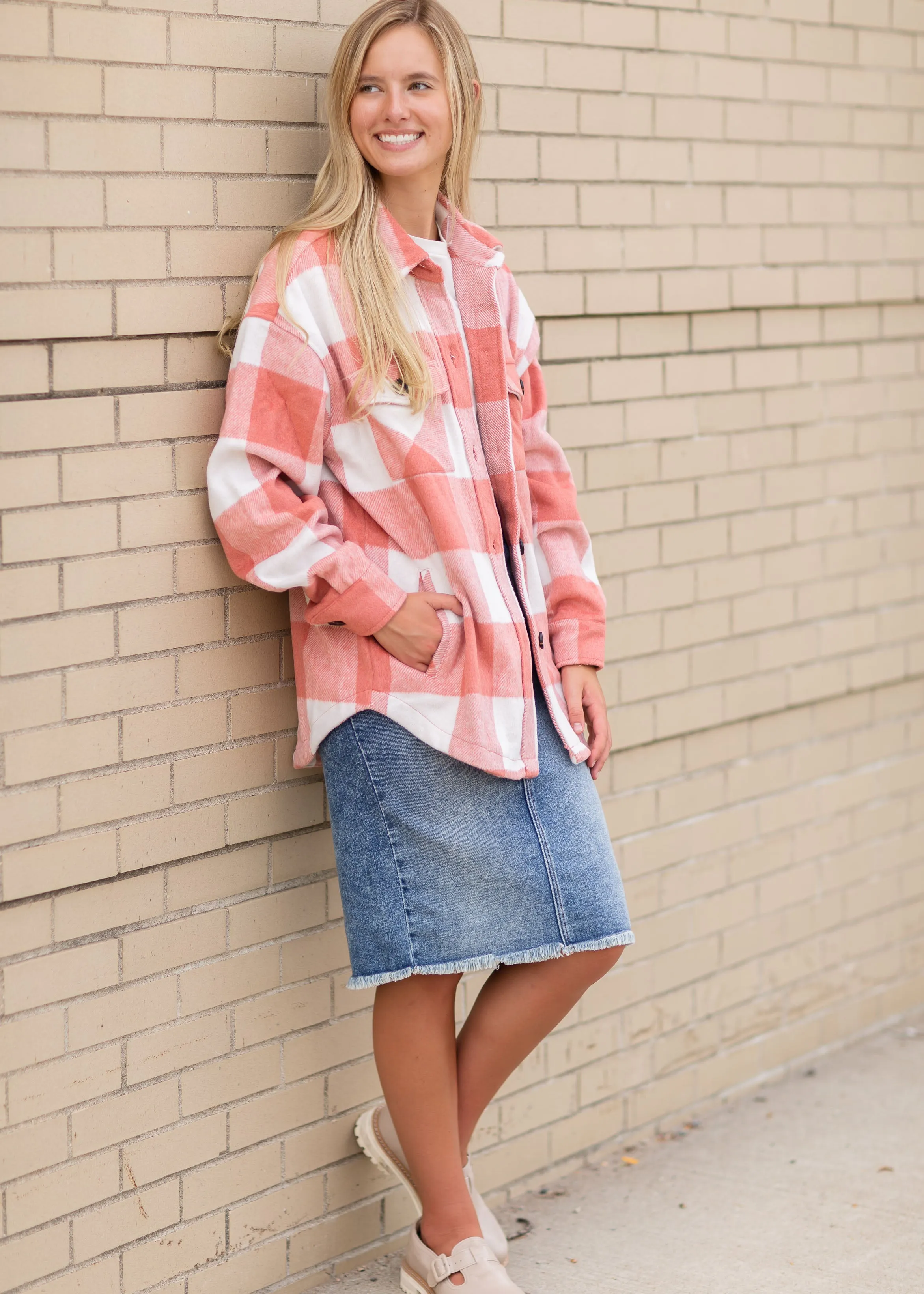 Pink Plaid Button Shacket