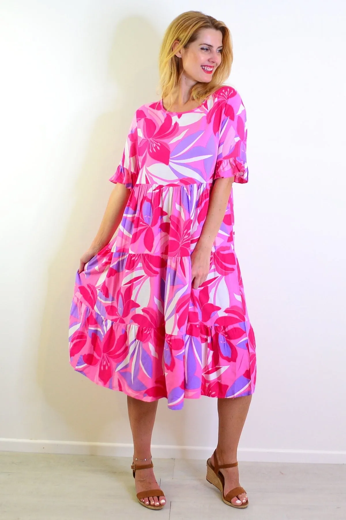 Pink Purple Floral Midi Tunic Dress