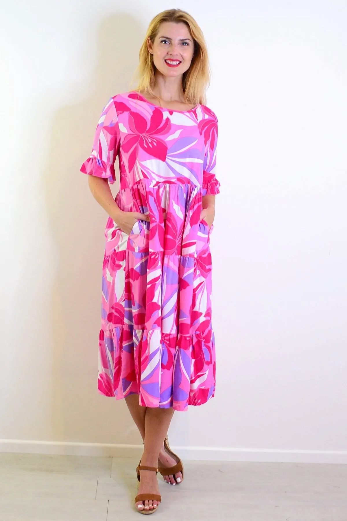 Pink Purple Floral Midi Tunic Dress