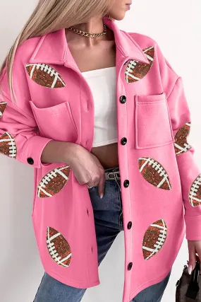 Pink Sequin Rugby Graphic Chest Pockets Collared Button Up Shacket