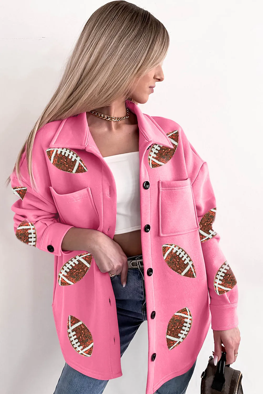 Pink Sequin Rugby Graphic Chest Pockets Collared Button Up Shacket