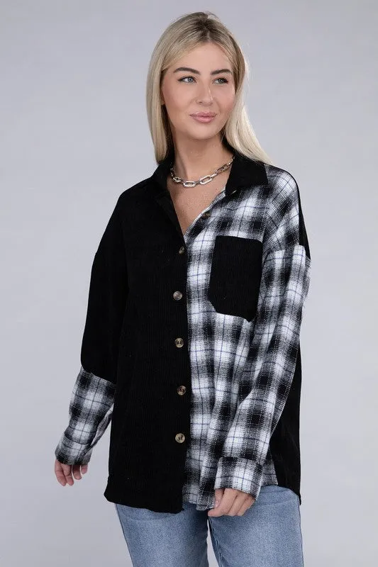 Plaid Color Block Drop Shoulder Shacket