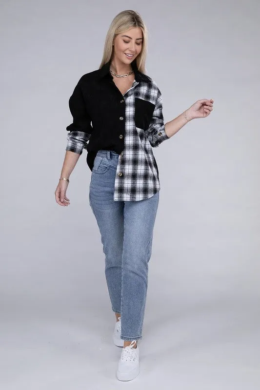 Plaid Color Block Drop Shoulder Shacket