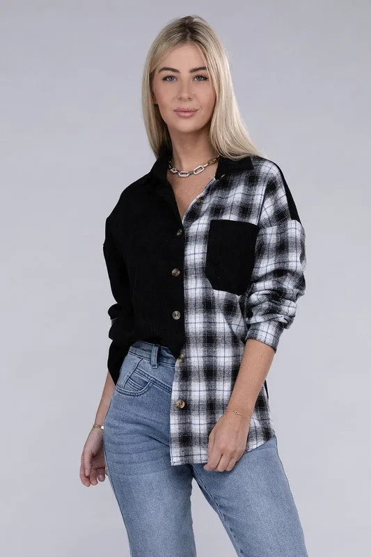 Plaid Color Block Drop Shoulder Shacket