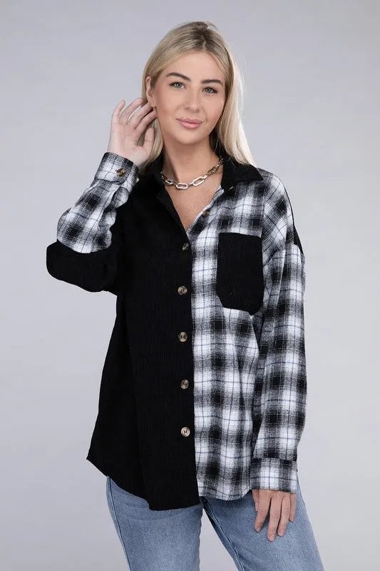 Plaid Color Block Drop Shoulder Shacket