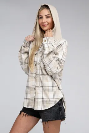 Plaid Hooded Button Up Shacket