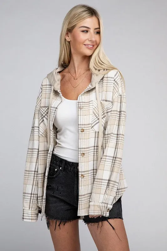 Plaid Hooded Button Up Shacket