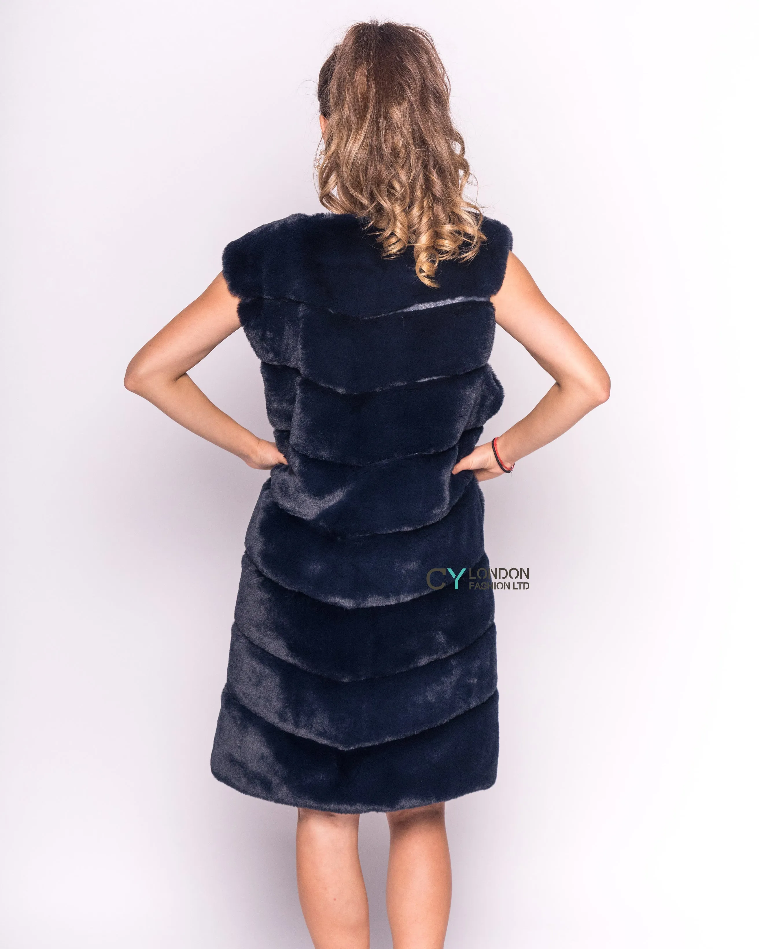 Plus Size Faux Fur Long Gilet in Navy blue