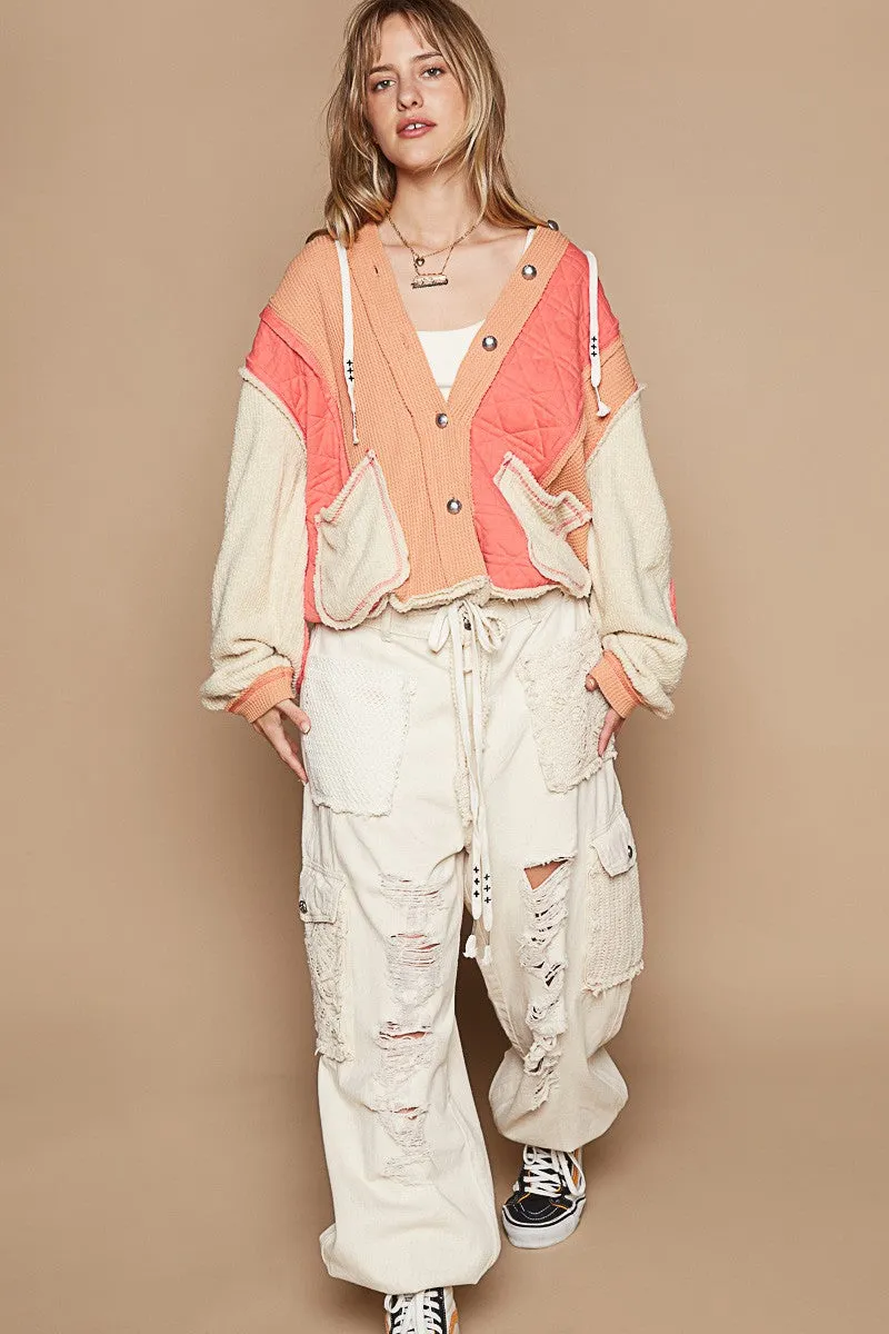 POL Mixed Fabric Hooded Button Down Shacket in Coral/Orange