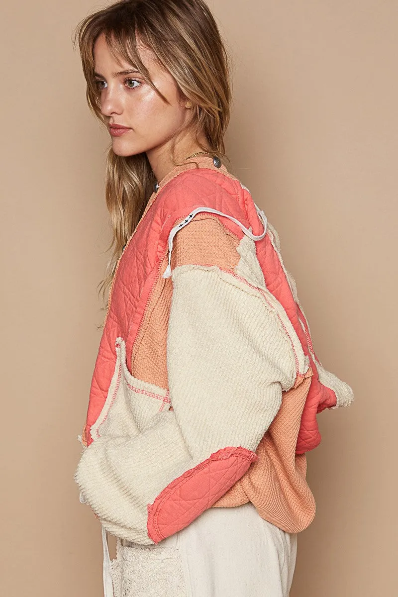 POL Mixed Fabric Hooded Button Down Shacket in Coral/Orange